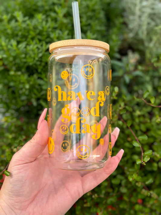 ‚Have a good Day’ Glass Can mit Bambusdeckel und Strohhalm