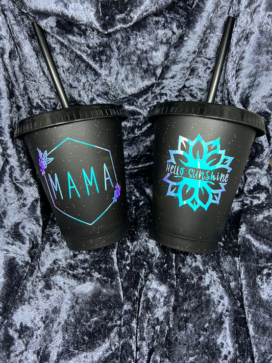 410 ml Kunststoffbecher BPA-frei mit Motiven "Mama" und "Hello Sunshine" - Glitzer Schwarz